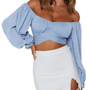 Women's Cute Off Shoulder Long Sleeve Self Tie Knot Crop Tube Top Blouse